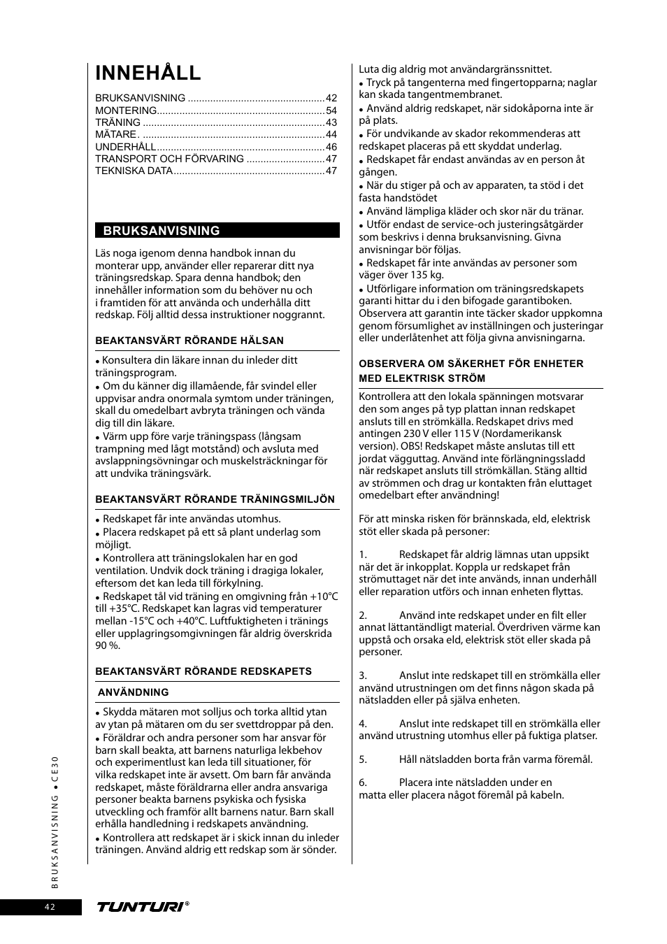 Innehåll | Tunturi CE30 User Manual | Page 42 / 60