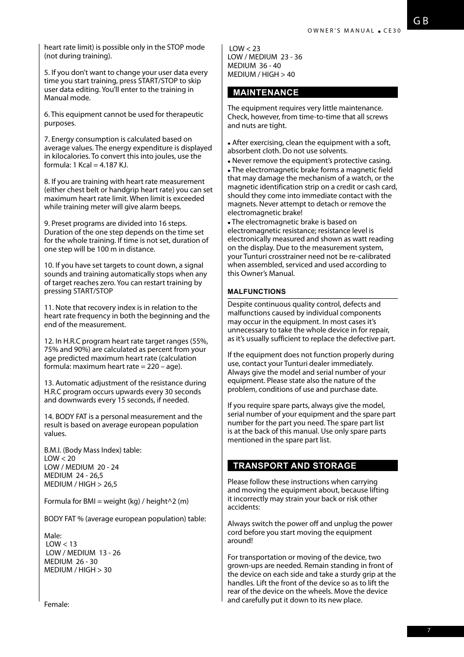 Tunturi CE30 User Manual | Page 7 / 60