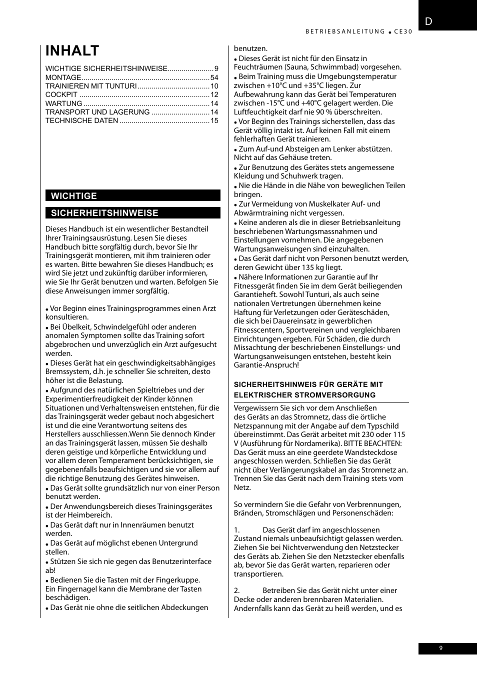 Inhalt | Tunturi CE30 User Manual | Page 9 / 60
