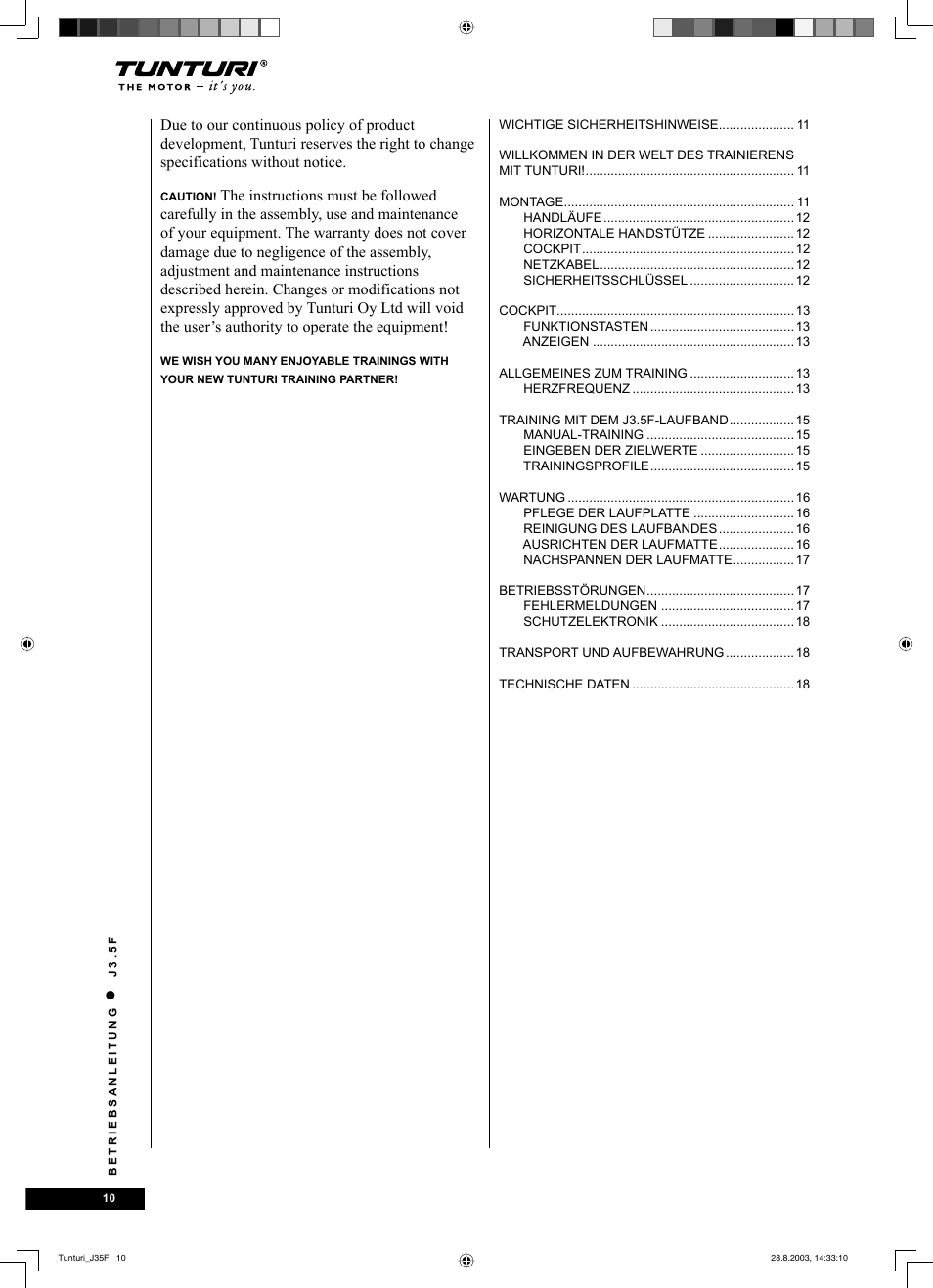Tunturi J3.5F User Manual | Page 10 / 72