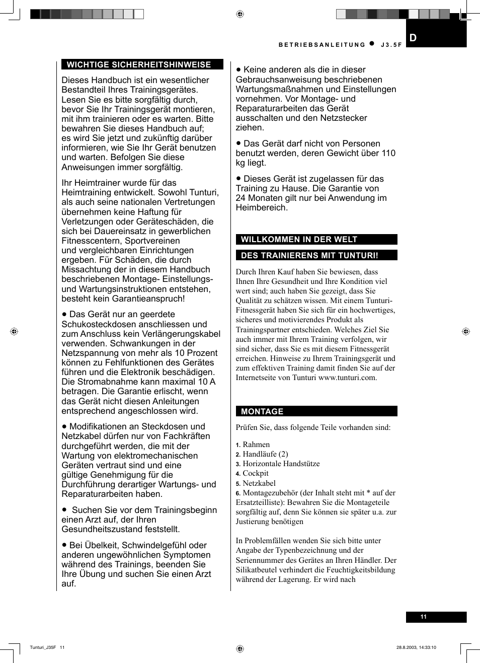 Tunturi J3.5F User Manual | Page 11 / 72