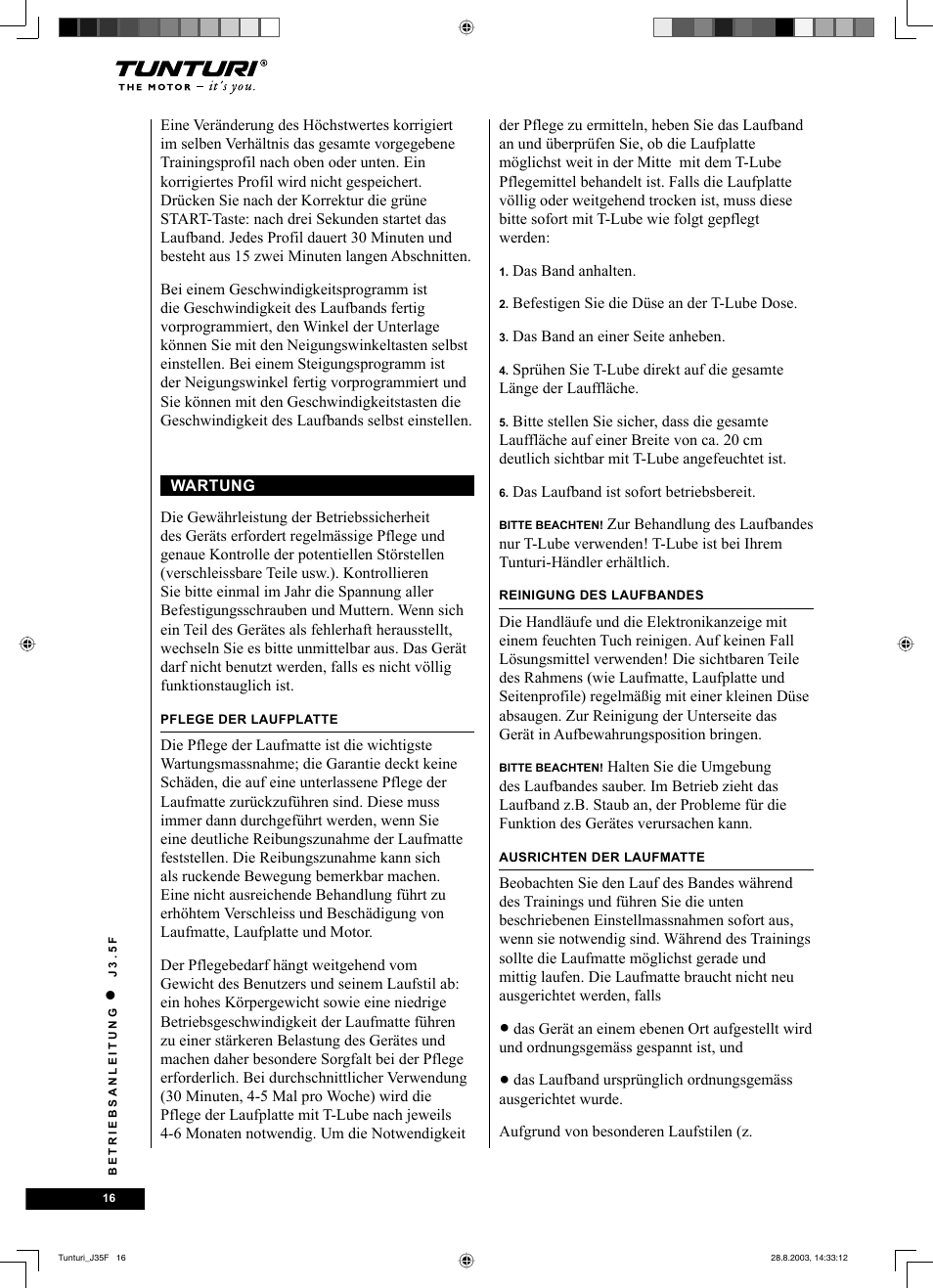 Tunturi J3.5F User Manual | Page 16 / 72