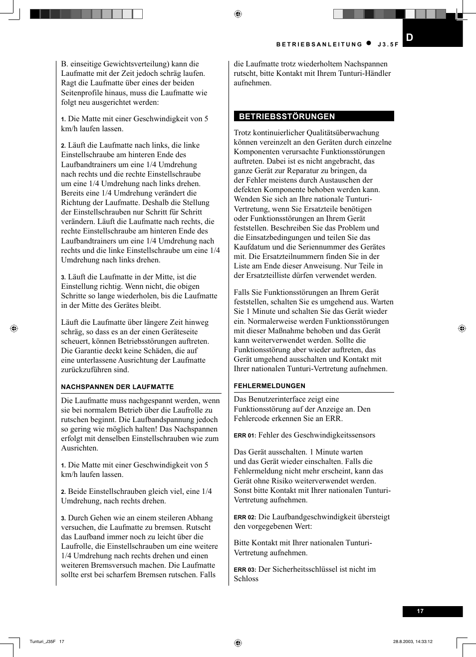 Tunturi J3.5F User Manual | Page 17 / 72
