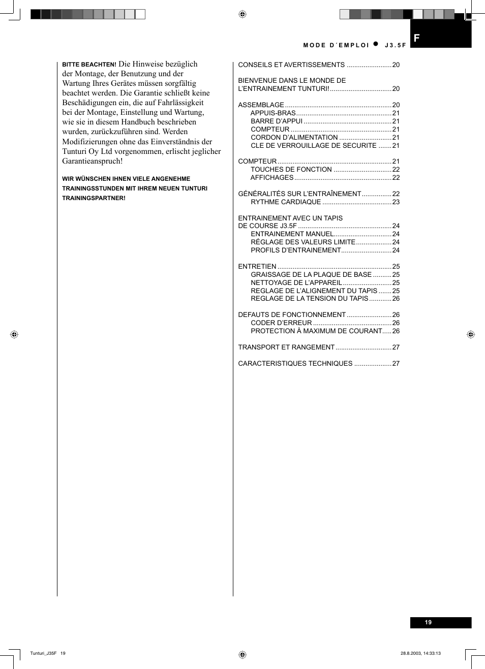 Tunturi J3.5F User Manual | Page 19 / 72