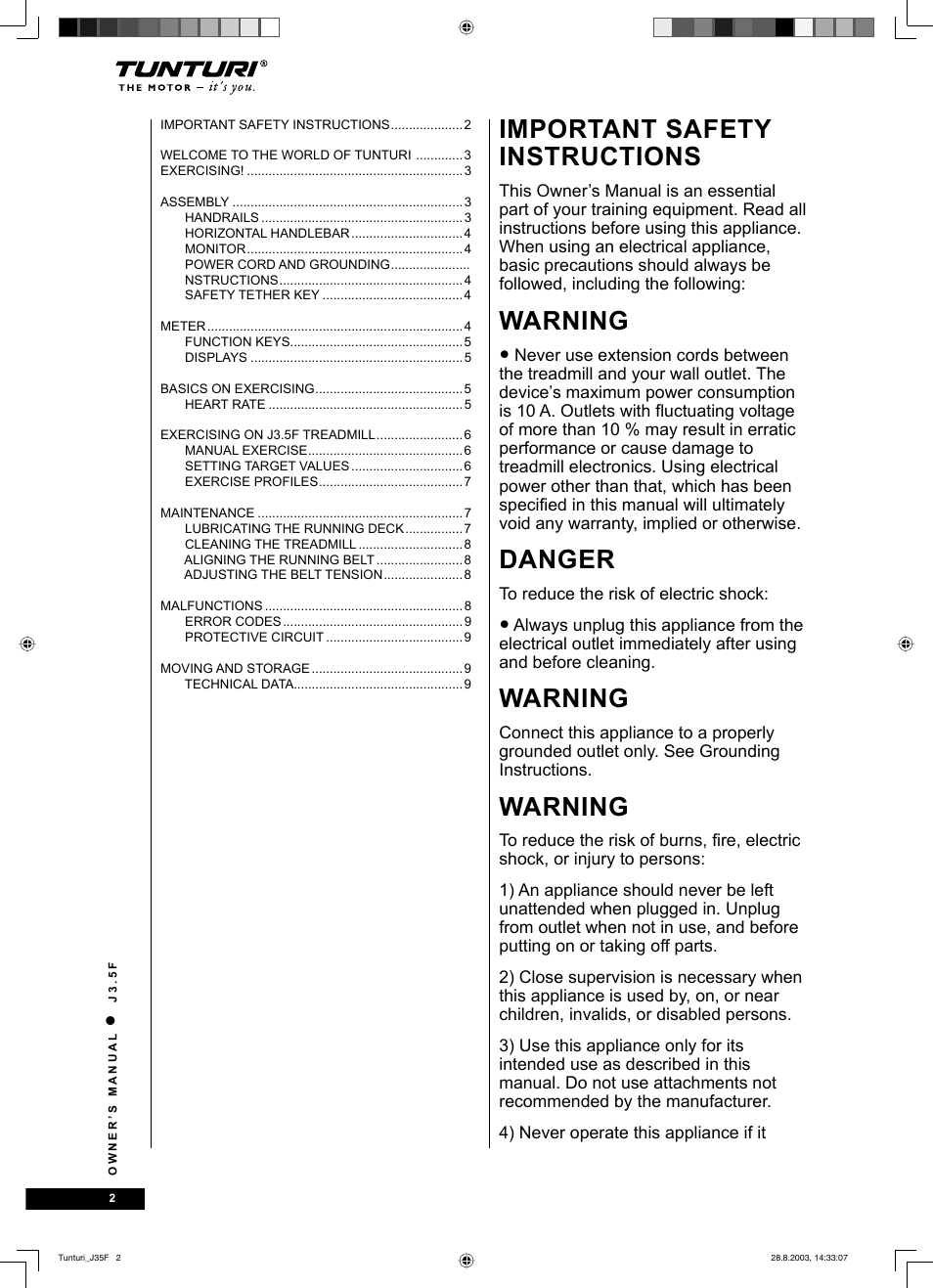 Important safety instructions, Warning, Danger | Tunturi J3.5F User Manual | Page 2 / 72