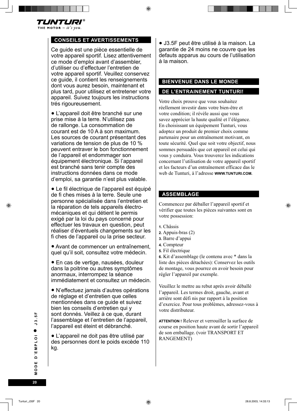Tunturi J3.5F User Manual | Page 20 / 72