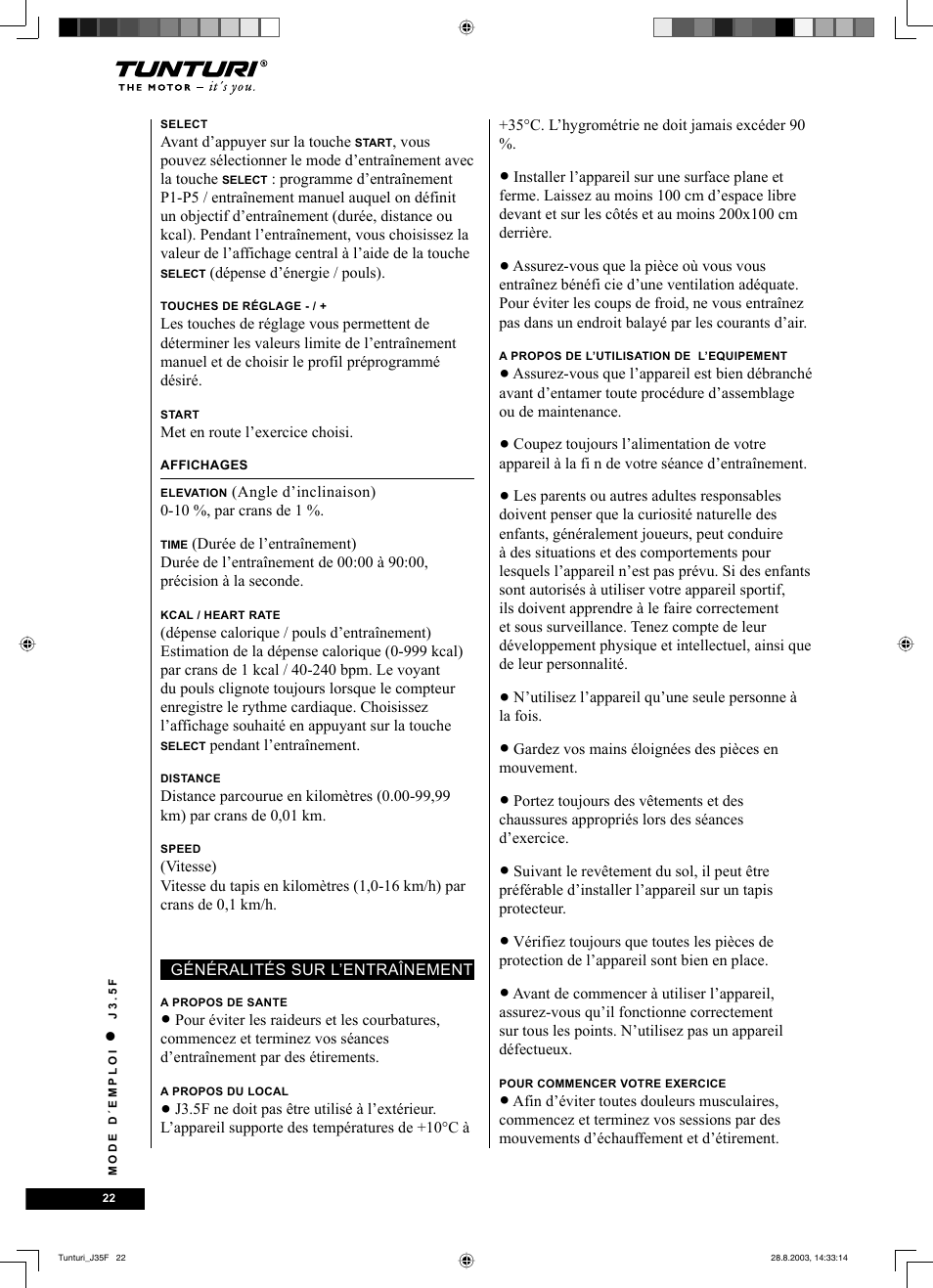 Tunturi J3.5F User Manual | Page 22 / 72