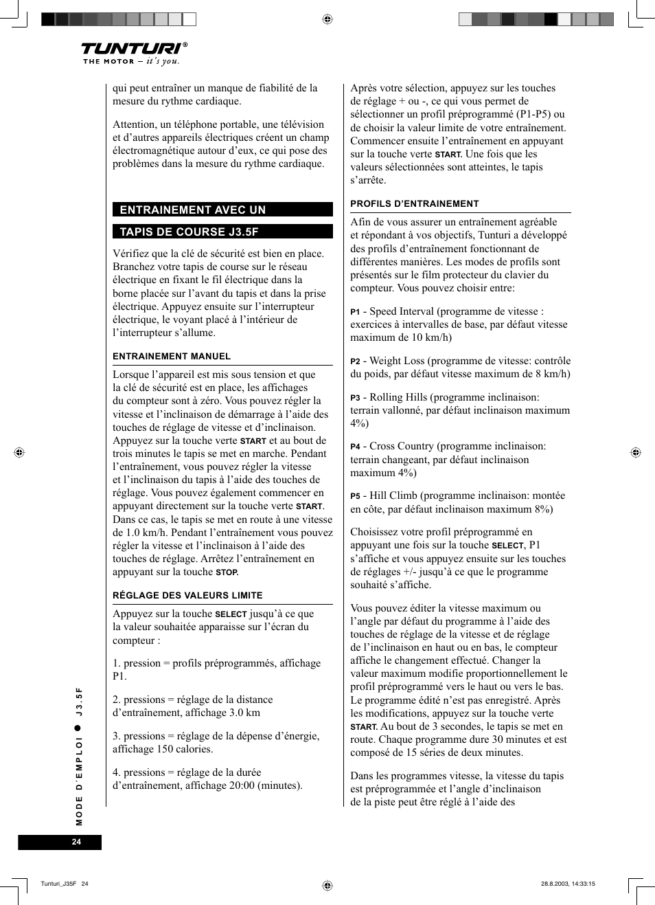 Tunturi J3.5F User Manual | Page 24 / 72