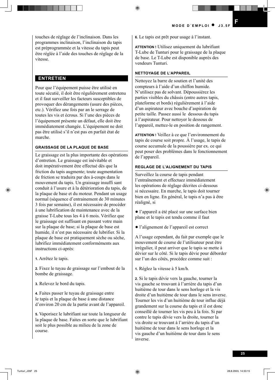 Tunturi J3.5F User Manual | Page 25 / 72
