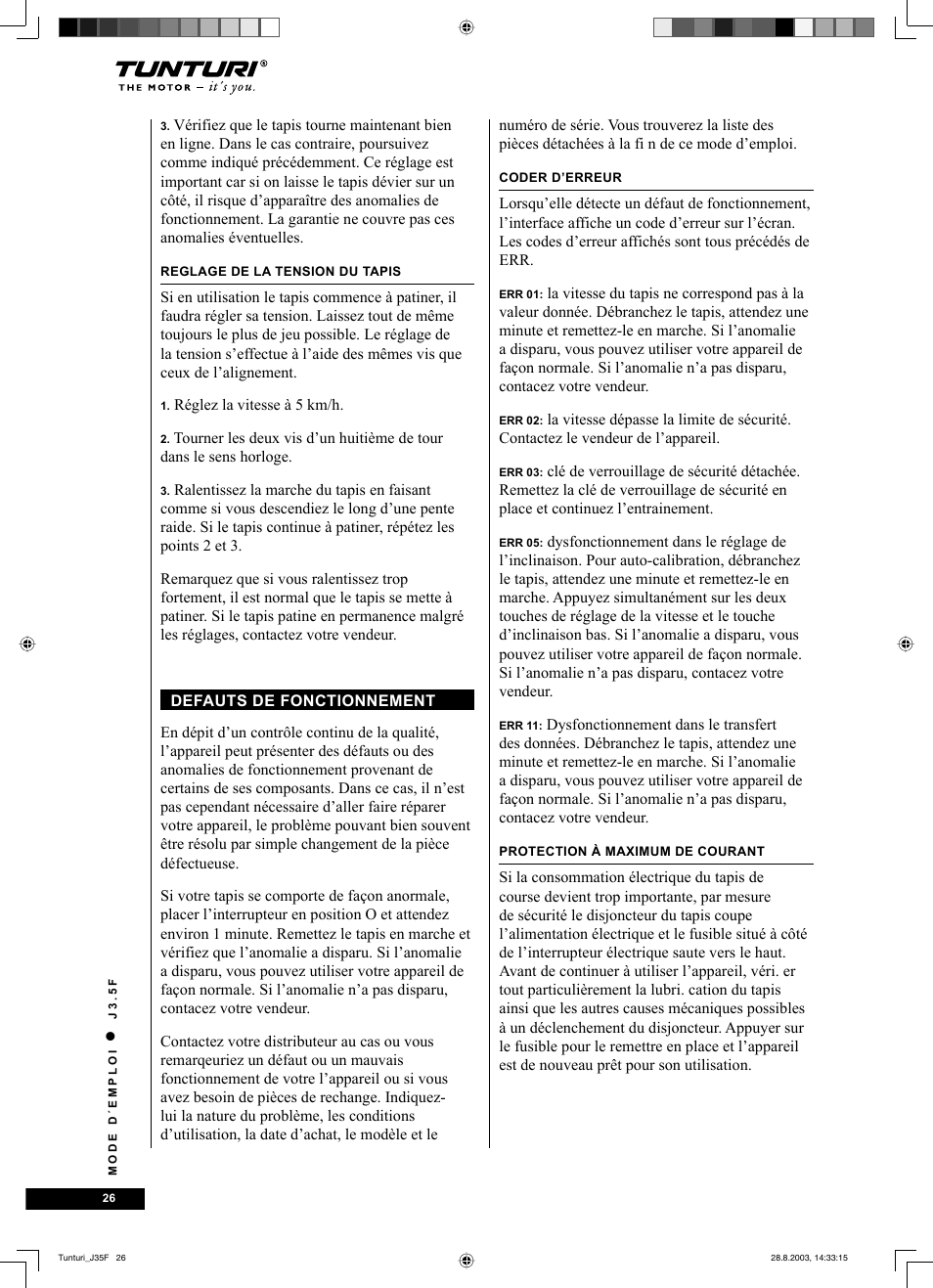 Tunturi J3.5F User Manual | Page 26 / 72