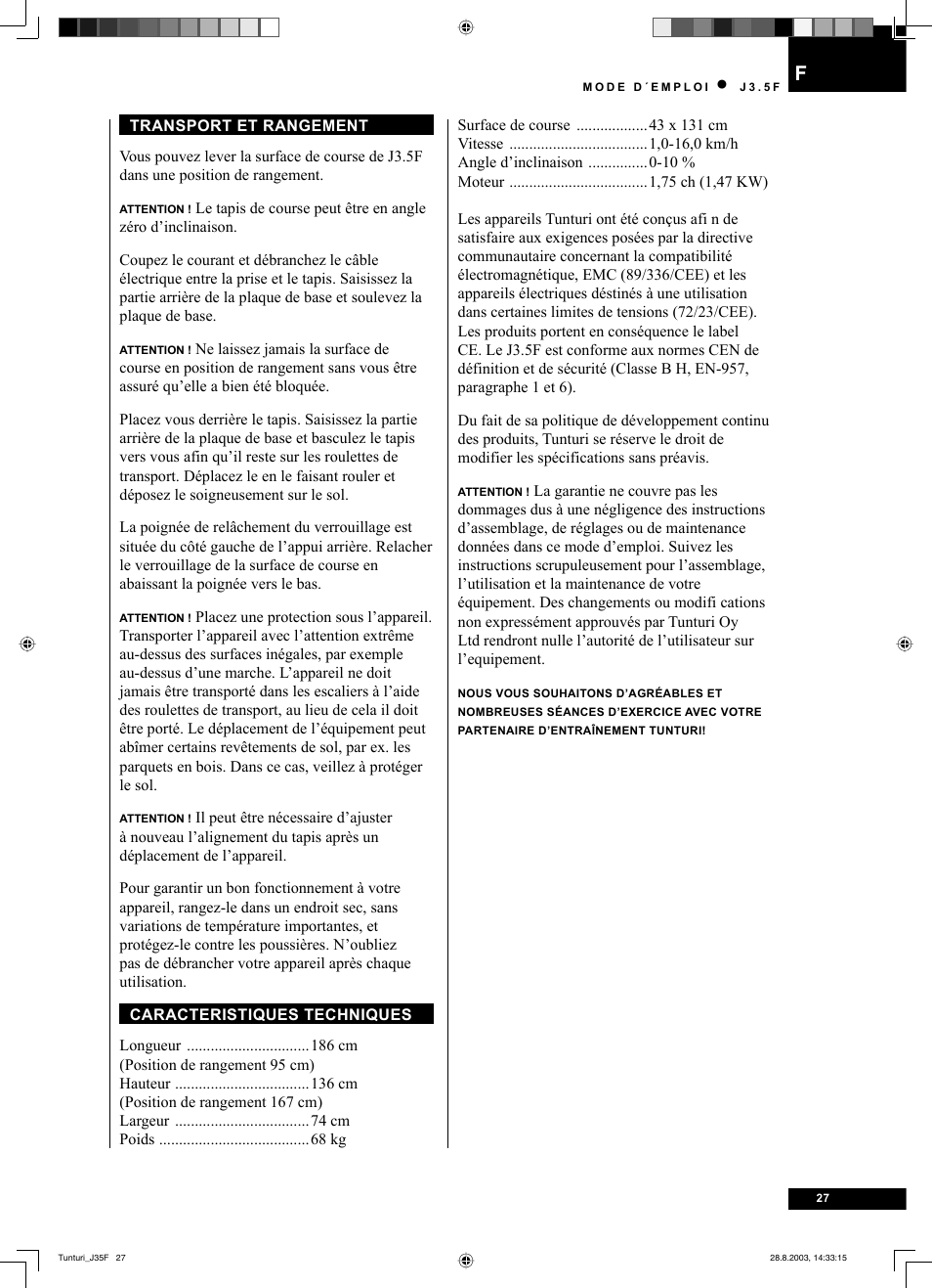 Tunturi J3.5F User Manual | Page 27 / 72