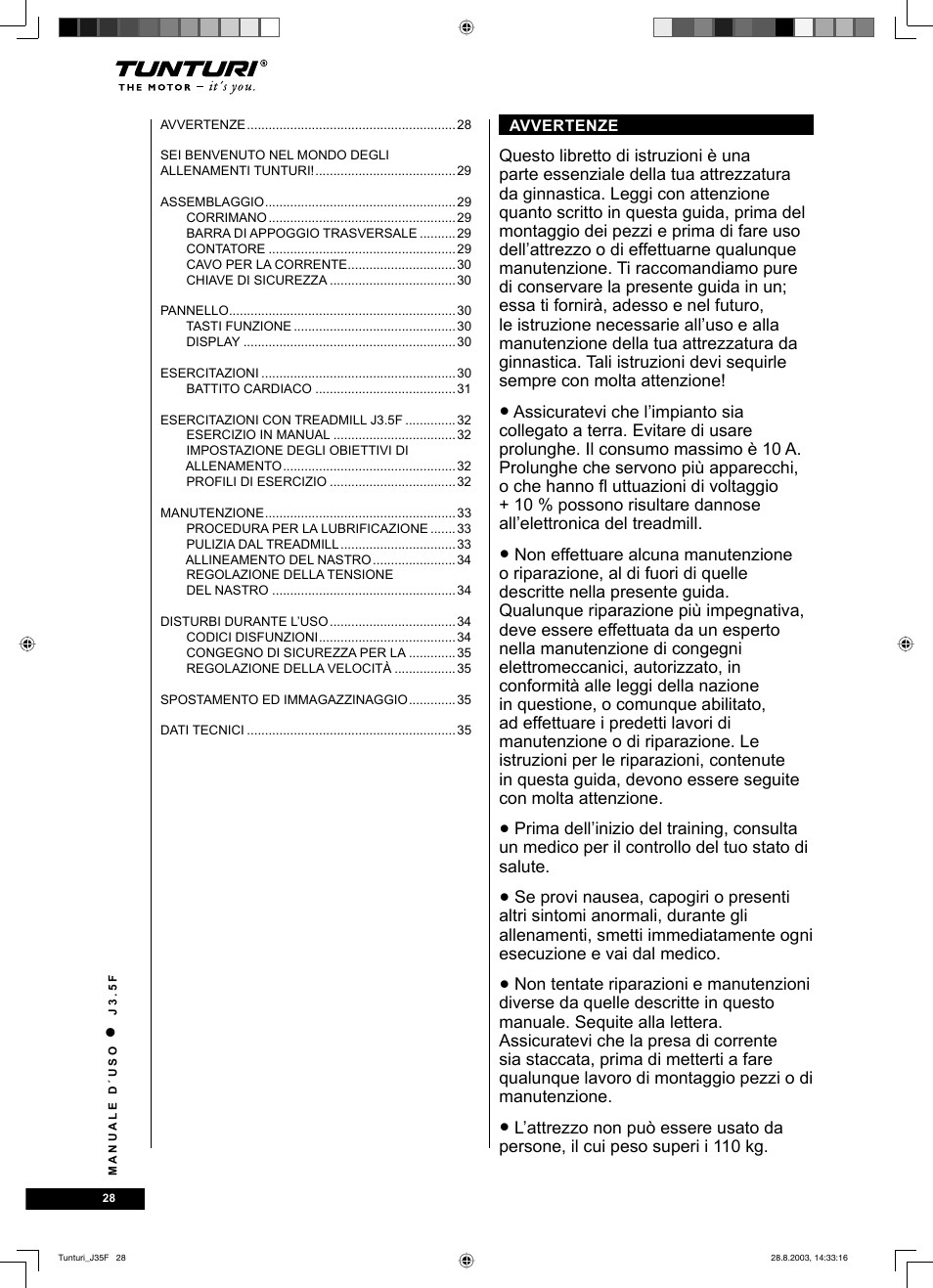Tunturi J3.5F User Manual | Page 28 / 72