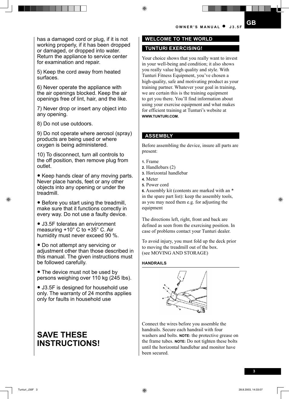Save these instructions | Tunturi J3.5F User Manual | Page 3 / 72