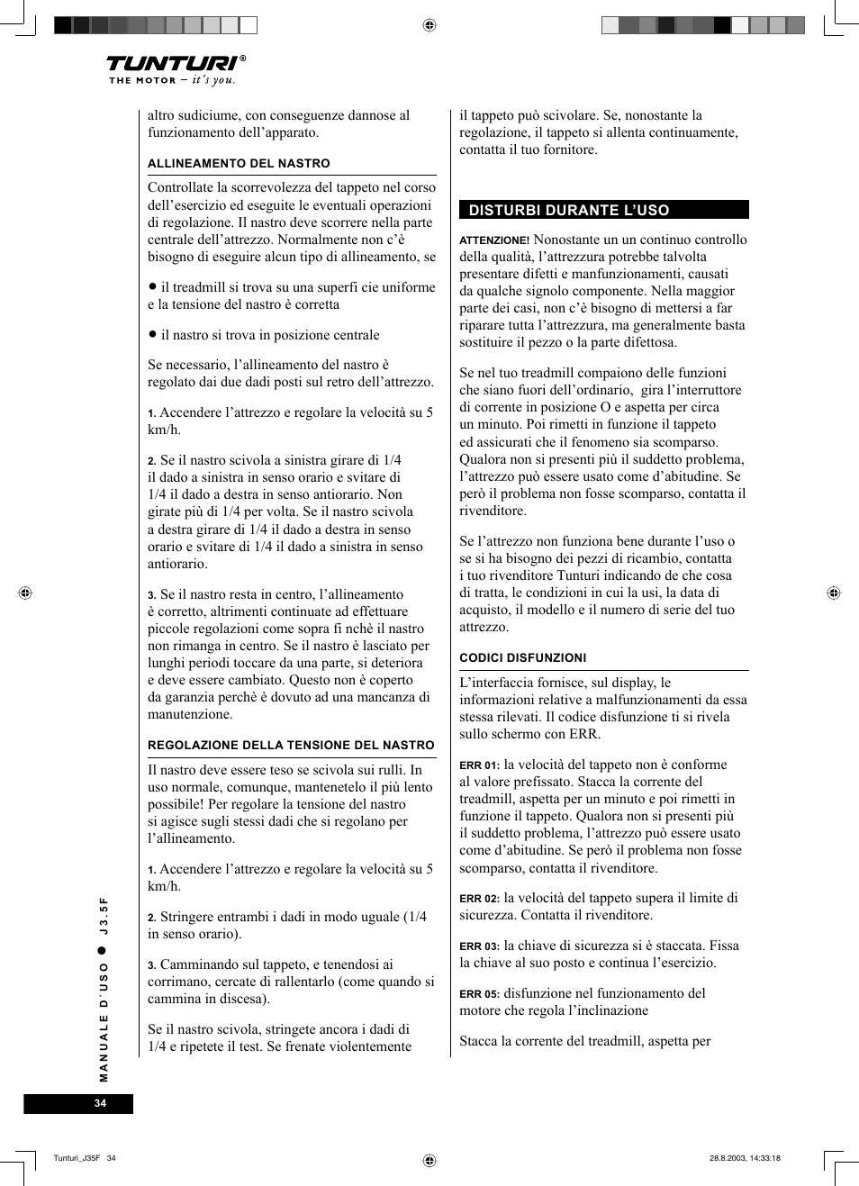 Tunturi J3.5F User Manual | Page 34 / 72