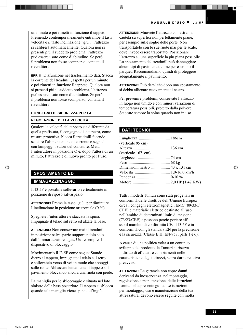 Tunturi J3.5F User Manual | Page 35 / 72