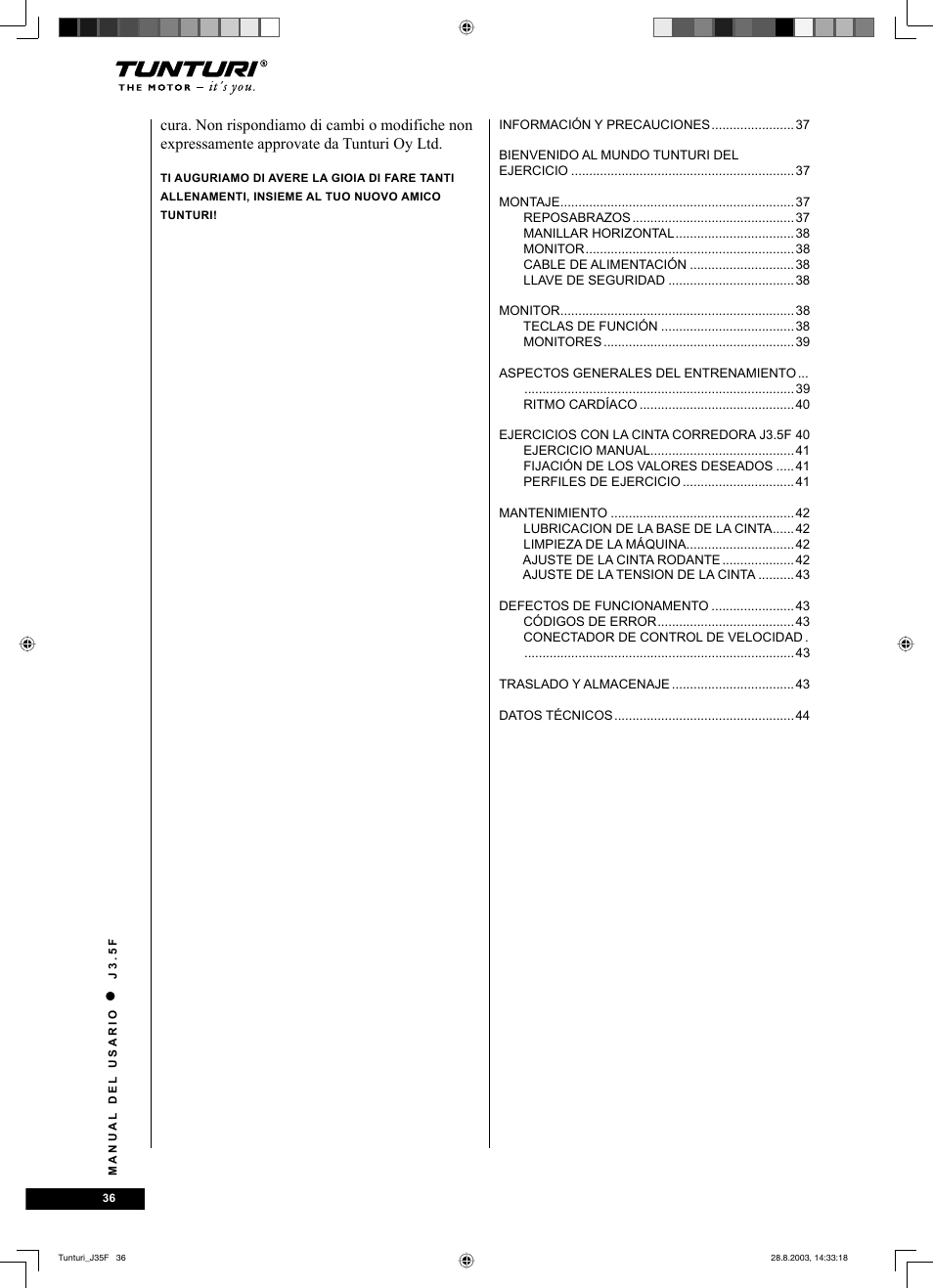 Tunturi J3.5F User Manual | Page 36 / 72