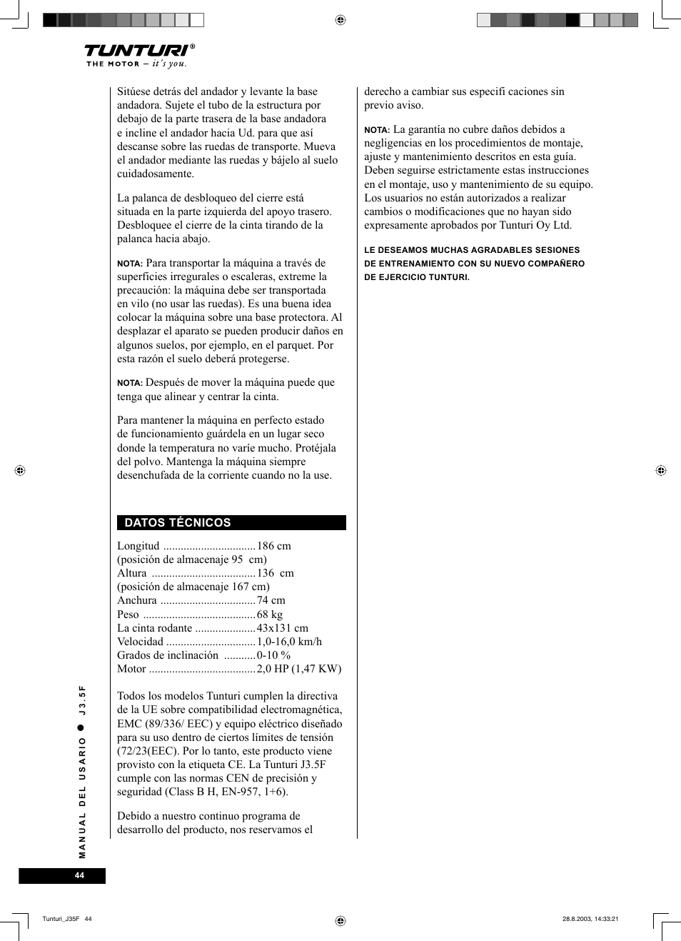 Tunturi J3.5F User Manual | Page 44 / 72