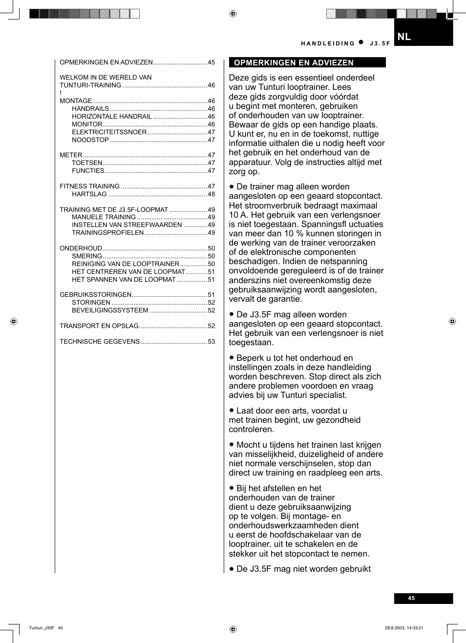 Tunturi J3.5F User Manual | Page 45 / 72