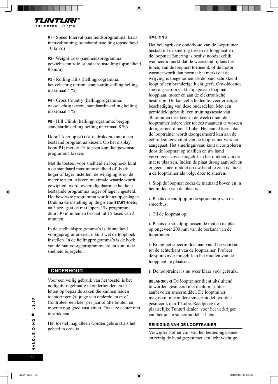 Tunturi J3.5F User Manual | Page 50 / 72