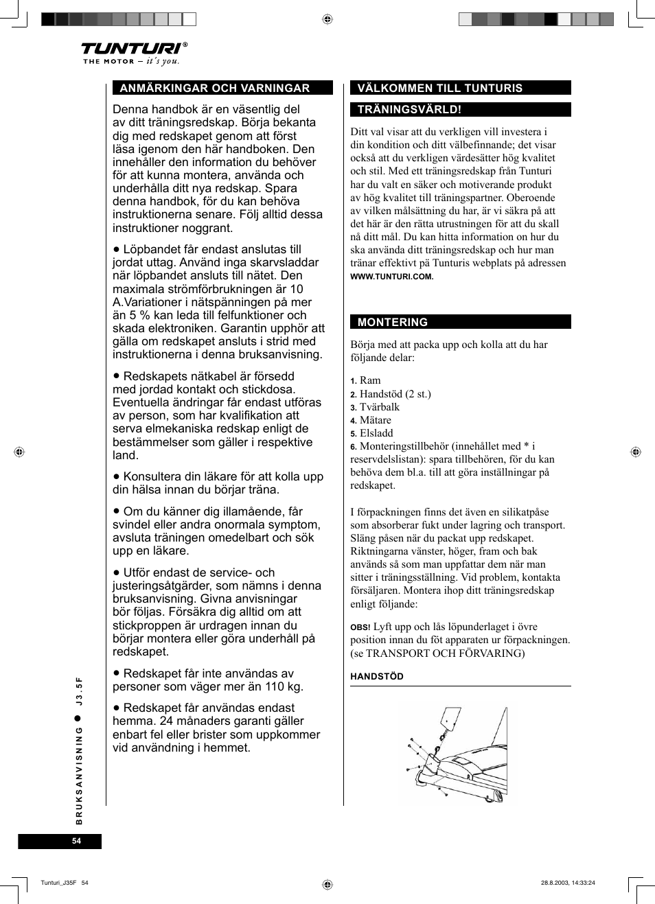 Tunturi J3.5F User Manual | Page 54 / 72