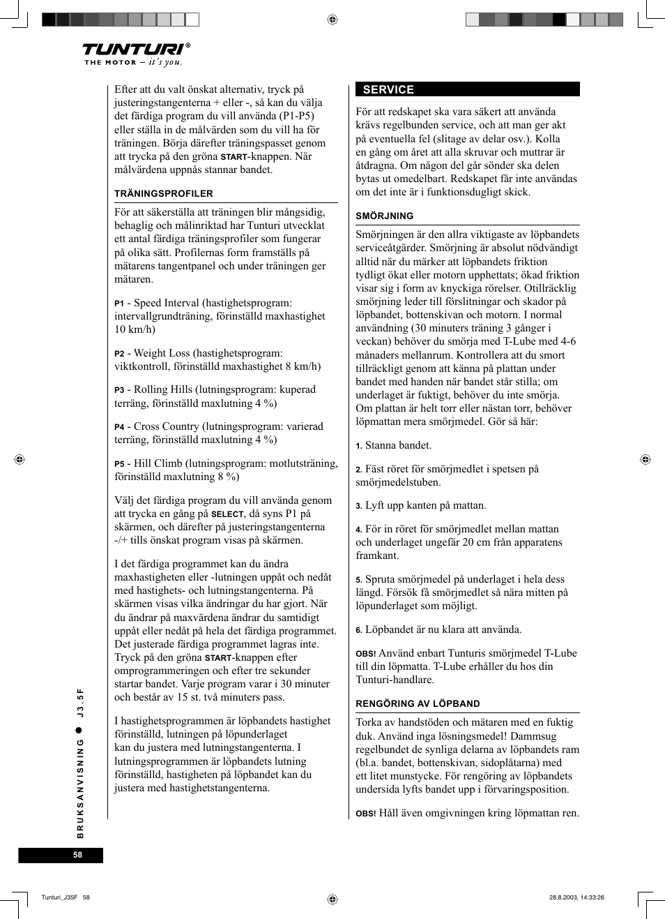 Tunturi J3.5F User Manual | Page 58 / 72