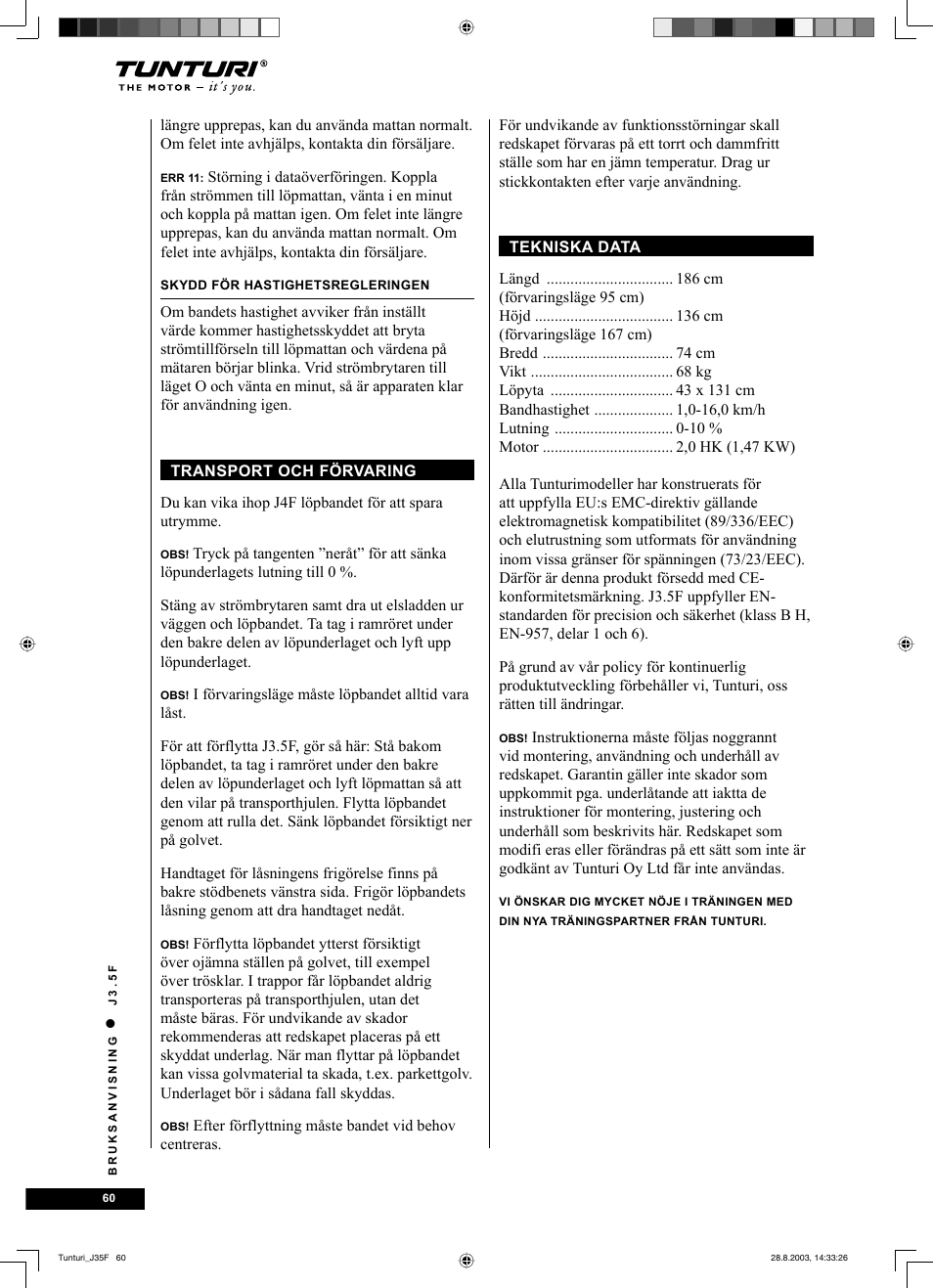 Tunturi J3.5F User Manual | Page 60 / 72
