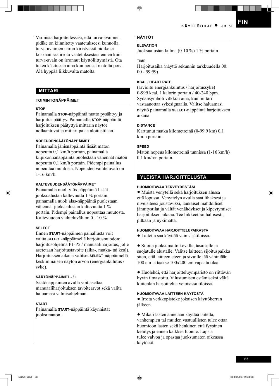 Tunturi J3.5F User Manual | Page 63 / 72