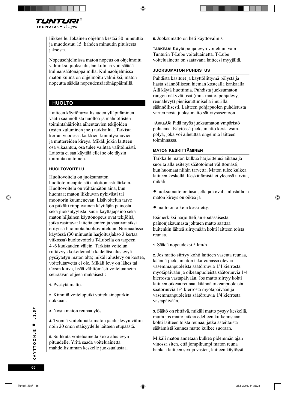 Tunturi J3.5F User Manual | Page 66 / 72