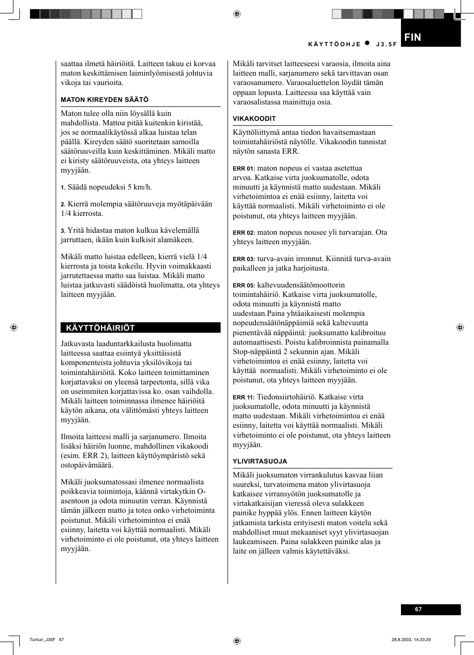 Tunturi J3.5F User Manual | Page 67 / 72