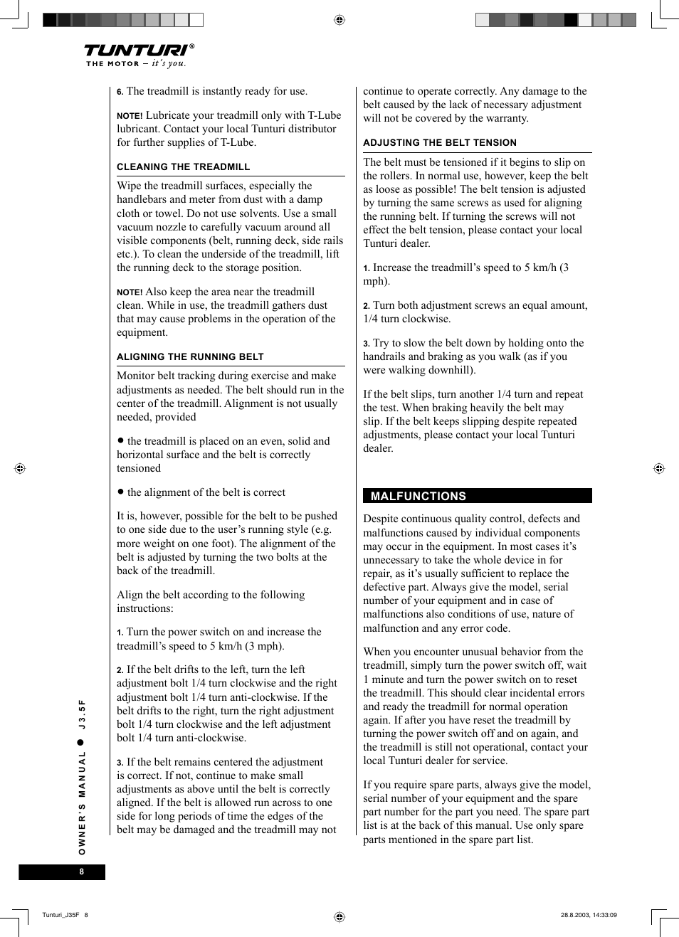 Tunturi J3.5F User Manual | Page 8 / 72