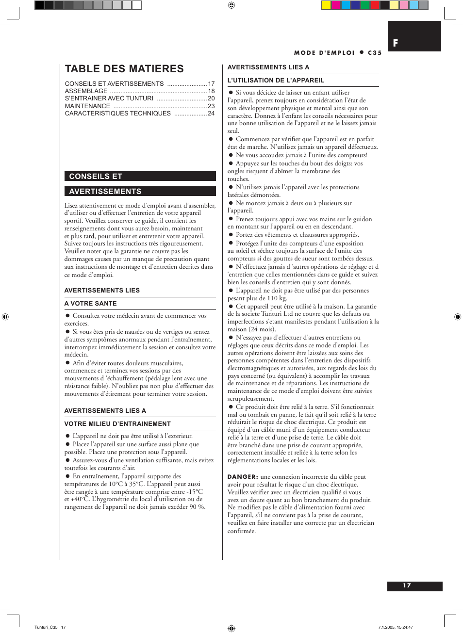 Table des matieres | Tunturi C35 User Manual | Page 17 / 68