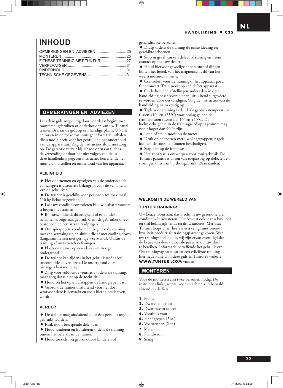 Inhoud | Tunturi C35 User Manual | Page 25 / 68