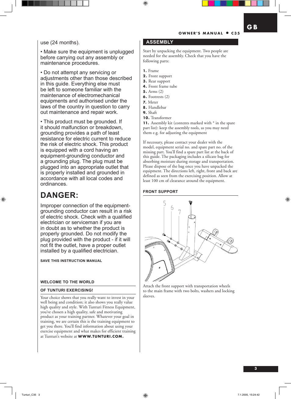 Danger | Tunturi C35 User Manual | Page 3 / 68