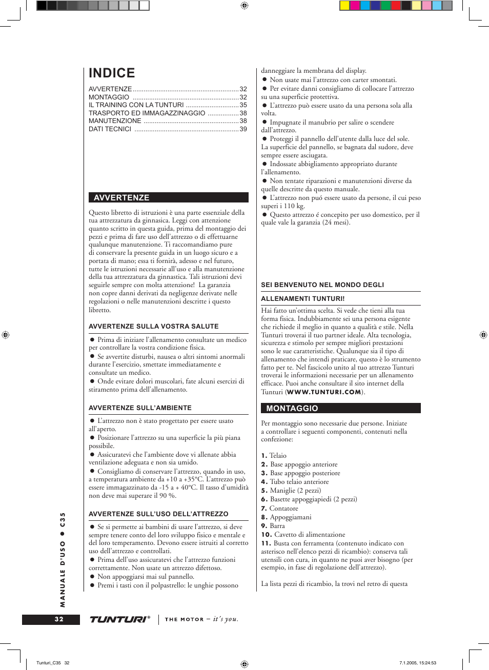 Indice | Tunturi C35 User Manual | Page 32 / 68