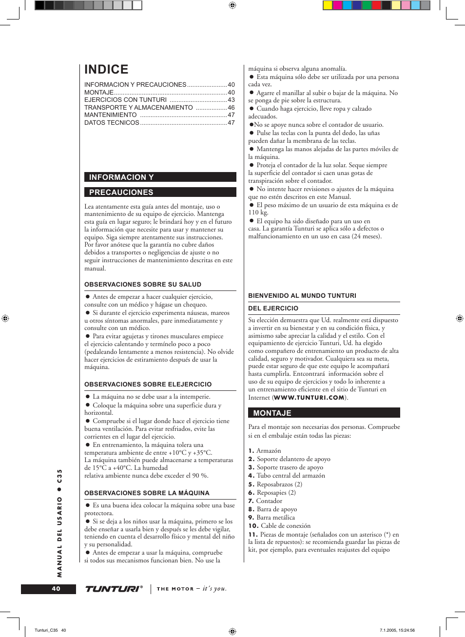 Indice | Tunturi C35 User Manual | Page 40 / 68