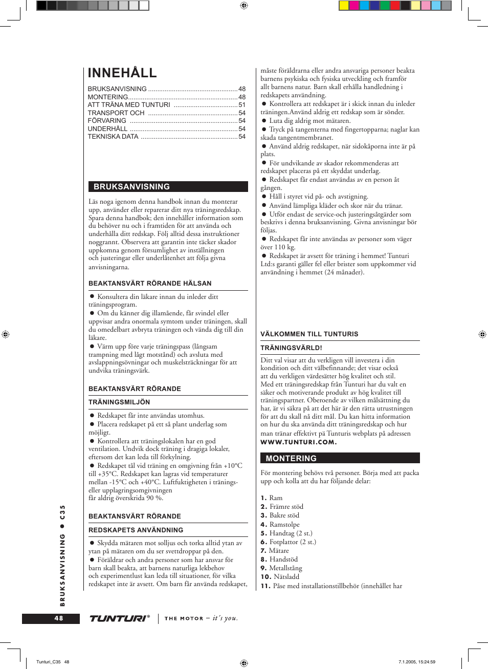 Innehåll | Tunturi C35 User Manual | Page 48 / 68