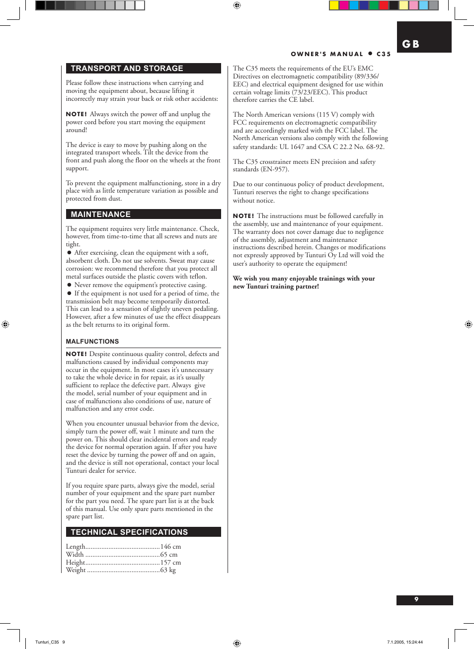 Tunturi C35 User Manual | Page 9 / 68