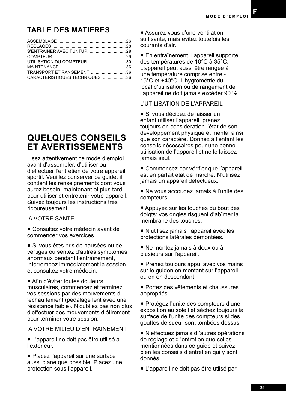 Quelques conseils et avertissements | Tunturi E60 User Manual | Page 25 / 92