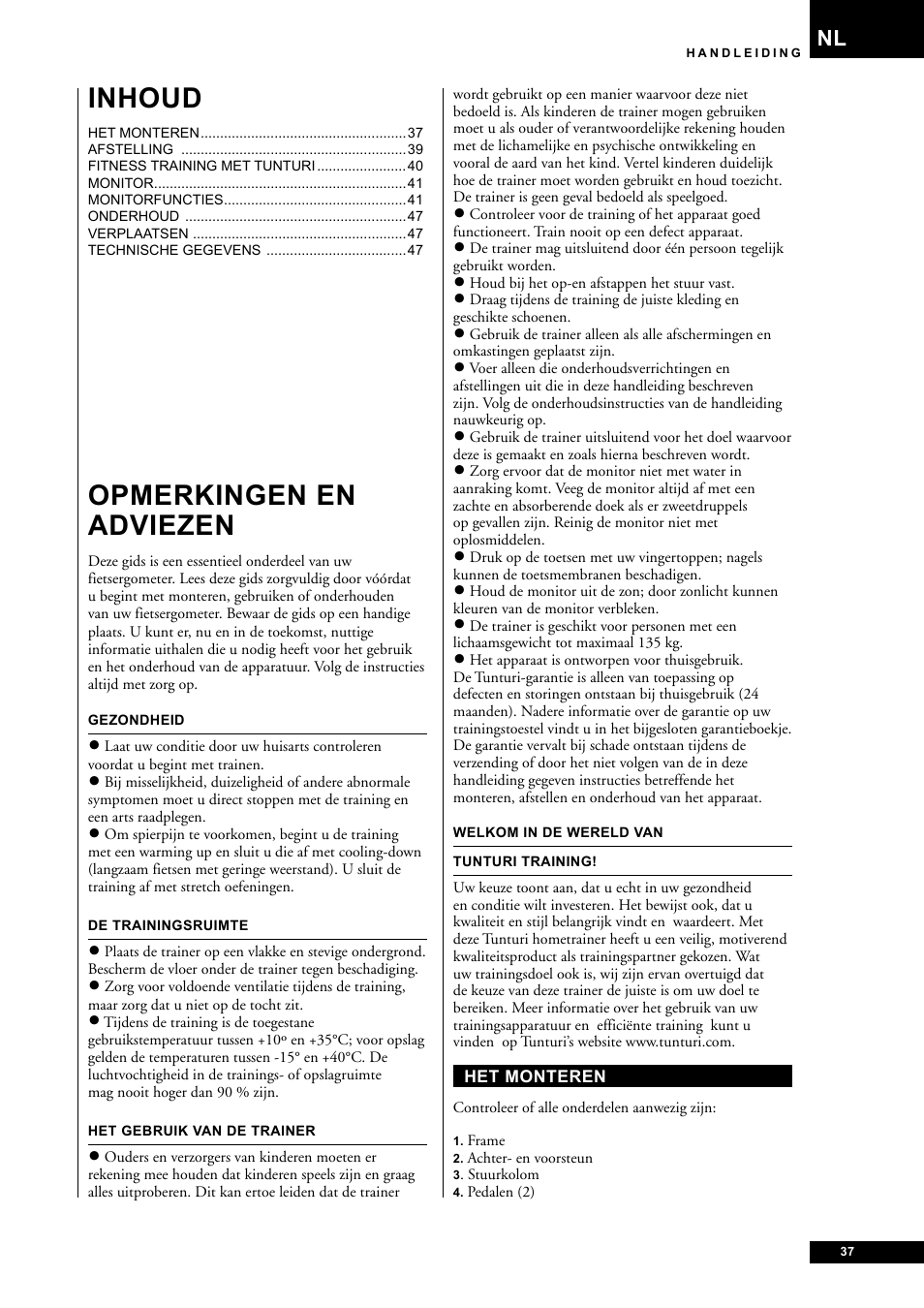 Opmerkingen en adviezen, Inhoud | Tunturi E60 User Manual | Page 37 / 92