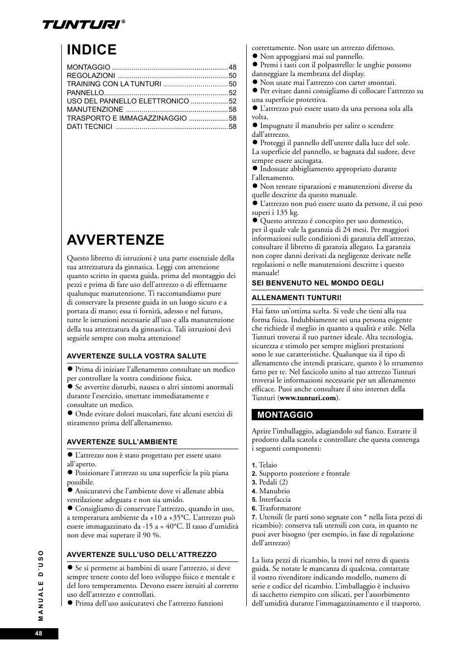 Avvertenze, Indice | Tunturi E60 User Manual | Page 48 / 92