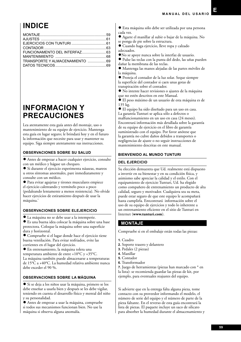 Informacion y precauciones, Indice | Tunturi E60 User Manual | Page 59 / 92