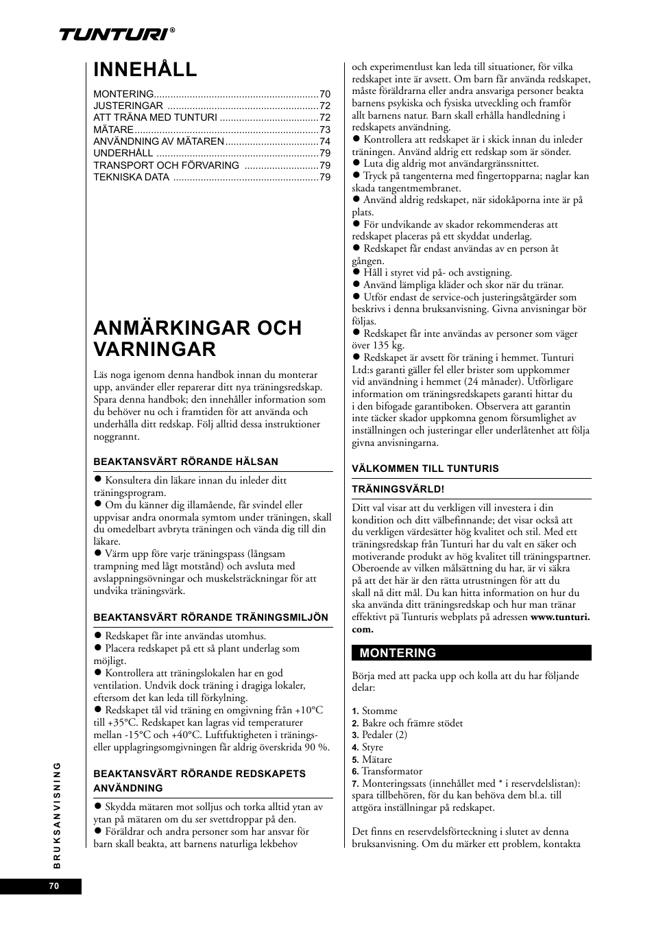 Anmärkingar och varningar, Innehåll | Tunturi E60 User Manual | Page 70 / 92