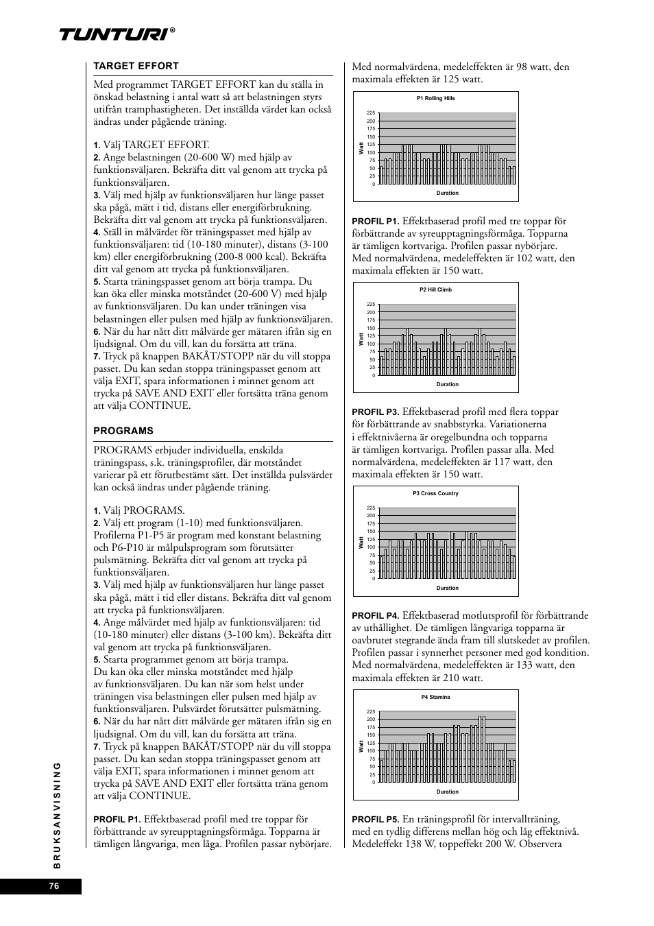 Välj target effort, Välj programs | Tunturi E60 User Manual | Page 76 / 92