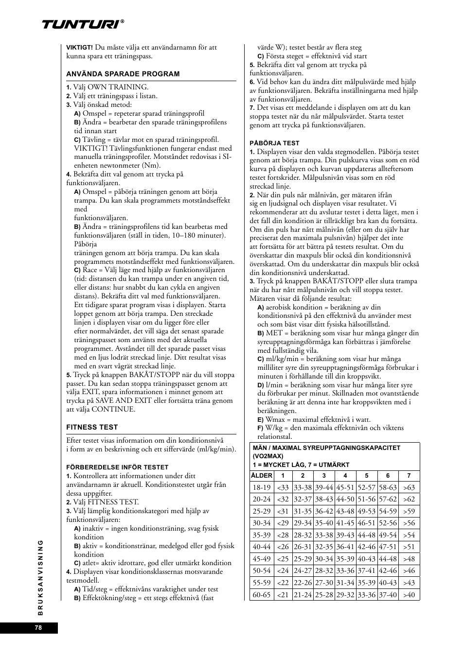 Tunturi E60 User Manual | Page 78 / 92