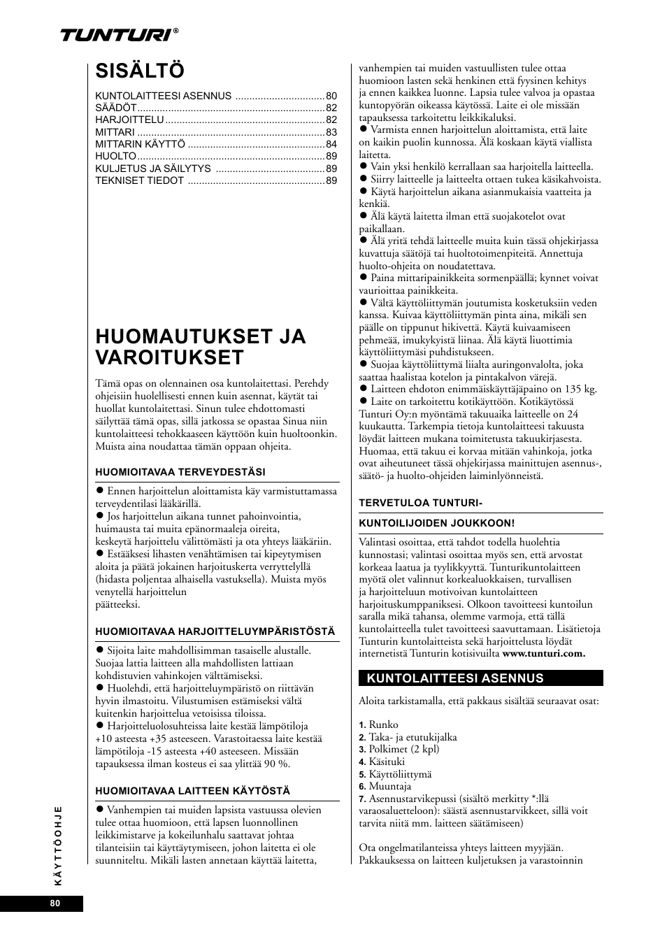 Huomautukset ja varoitukset, Sisältö | Tunturi E60 User Manual | Page 80 / 92
