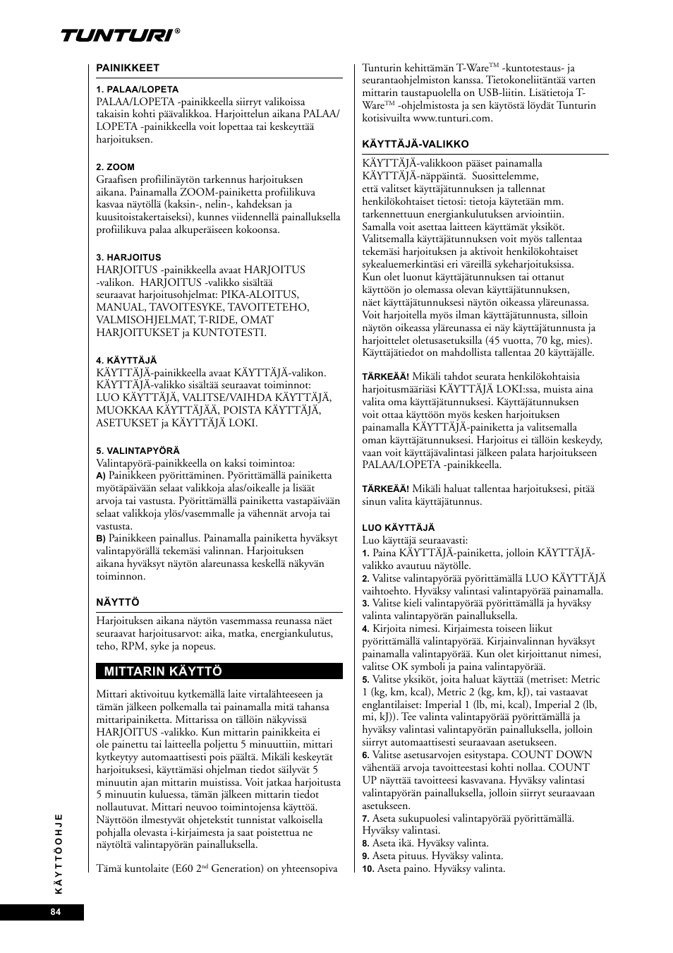 Tunturi E60 User Manual | Page 84 / 92