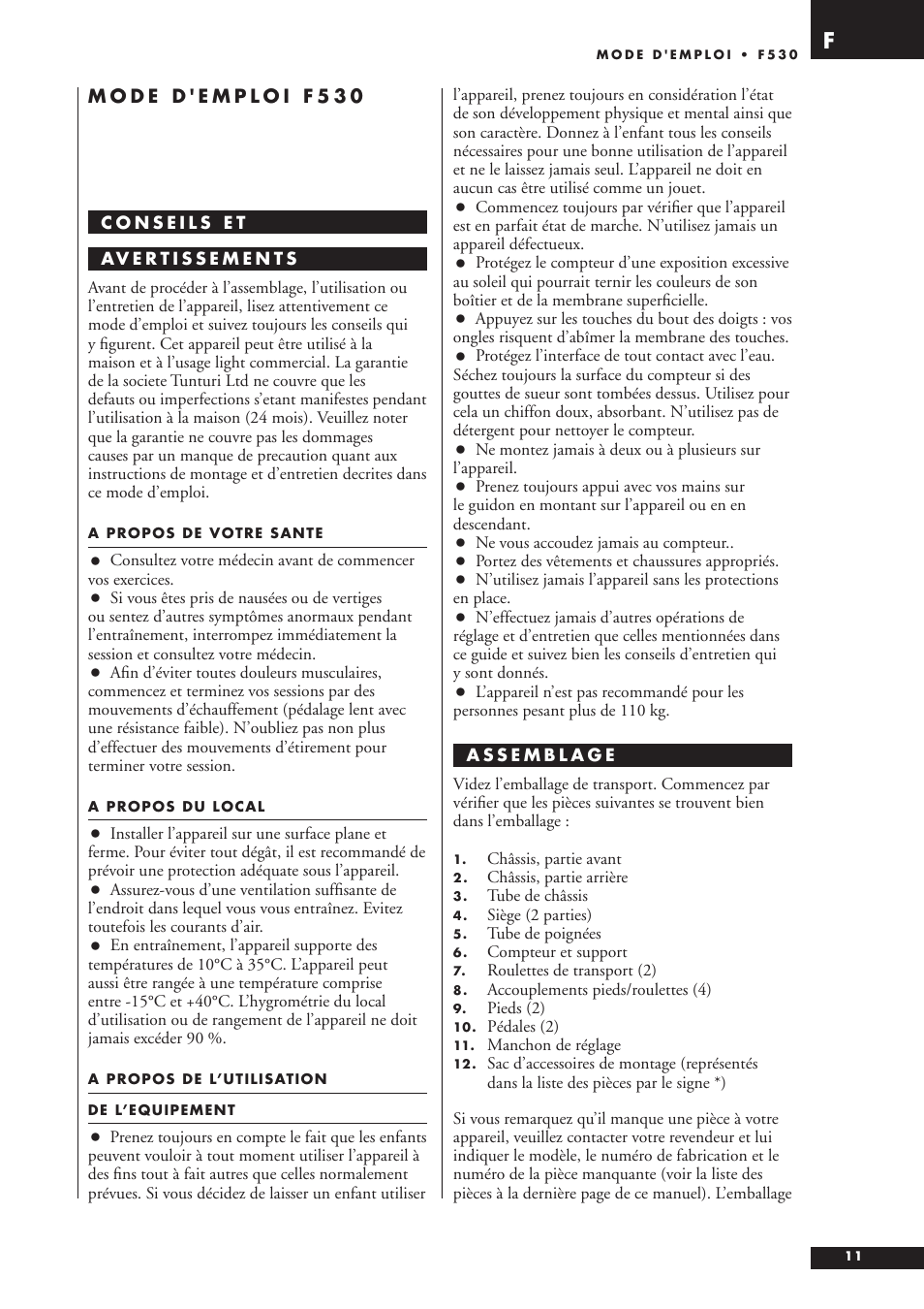 Tunturi F53O User Manual | Page 11 / 36