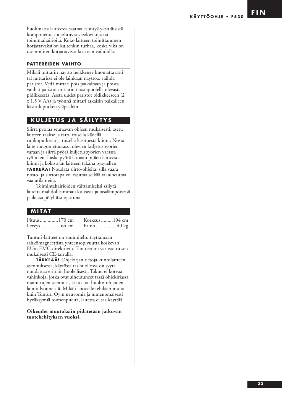 F i n | Tunturi F53O User Manual | Page 33 / 36