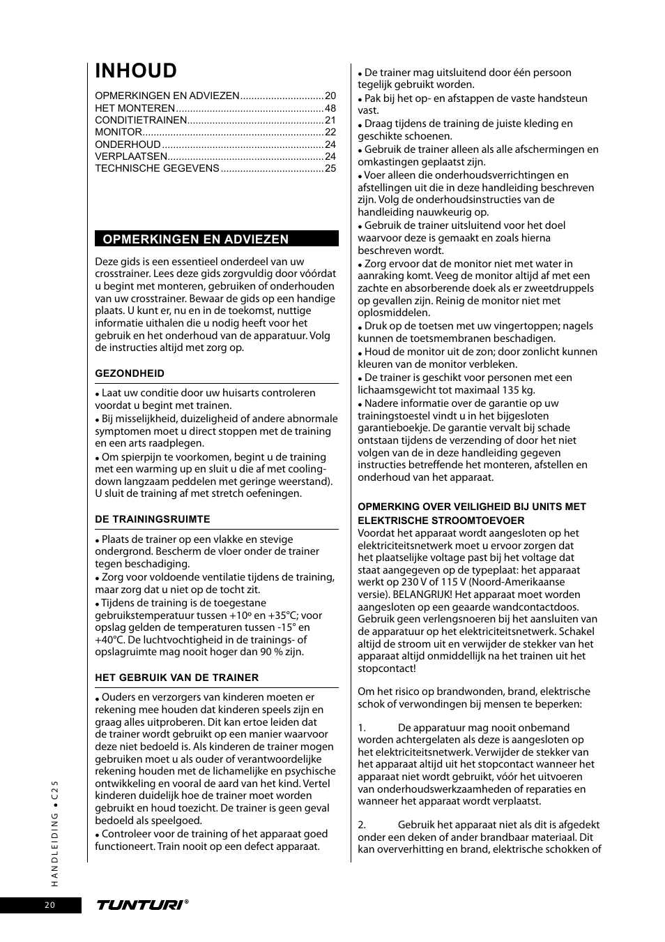 Inhoud | Tunturi C25 User Manual | Page 20 / 60