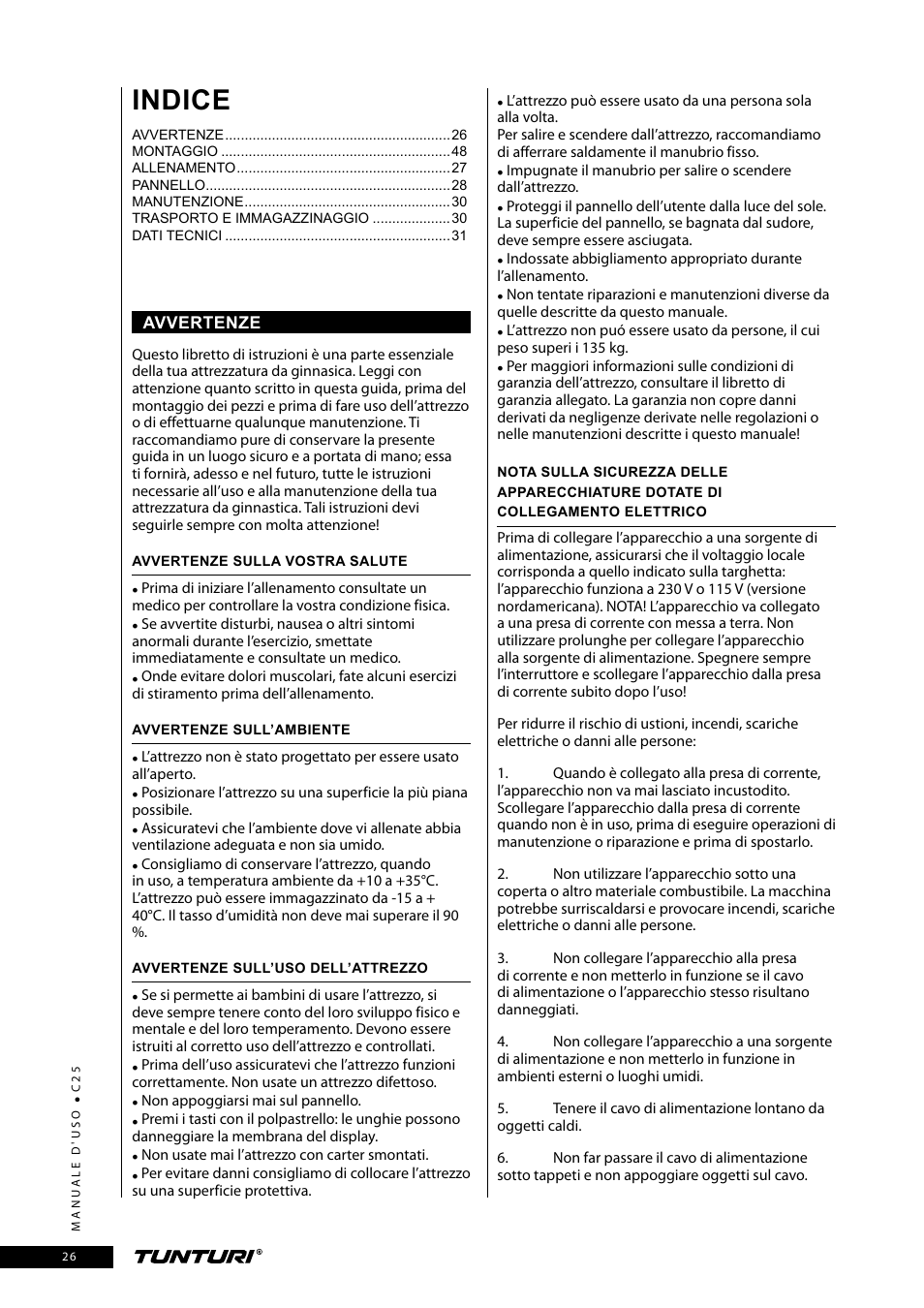 Indice | Tunturi C25 User Manual | Page 26 / 60